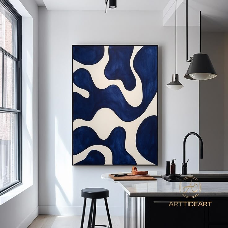 Modern Navy Blue and Cream Abstract Canvas Art