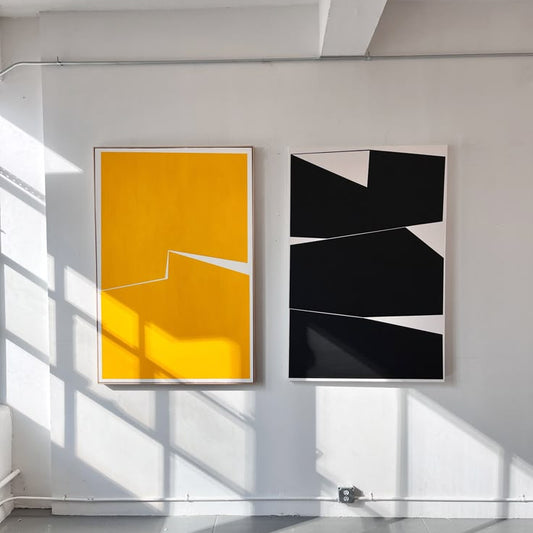Yellow & Black Geometric Abstract Diptych