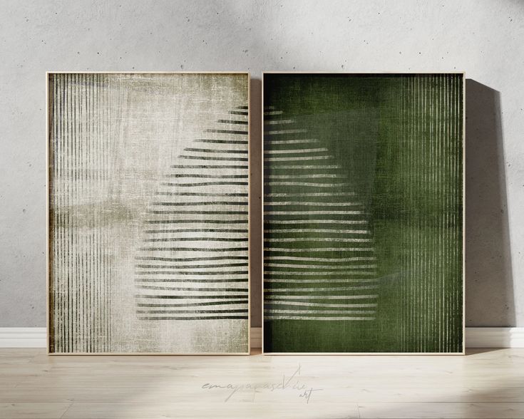 Green & Beige Palm Leaf Line Art Print Set